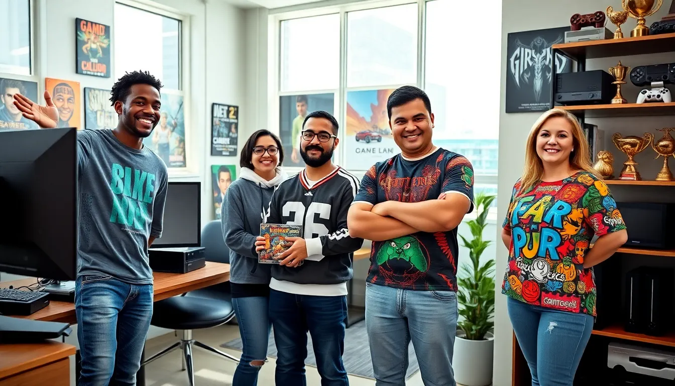 The founders of RamblingsOfAGamer.com pose together in a modern office.