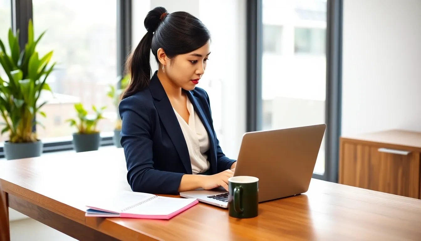 A woman reading terms and conditions at a modern office desk.