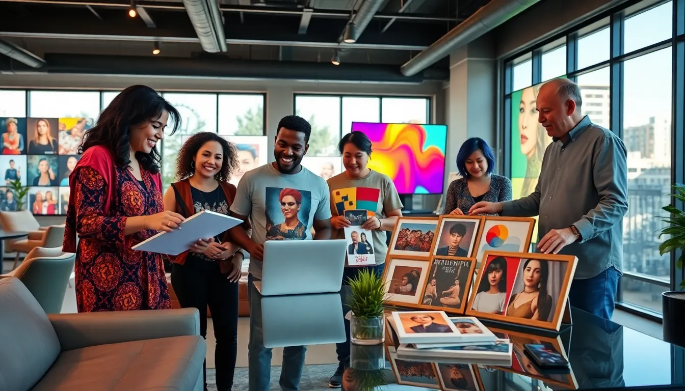 diverse group of artists discussing artwork in a modern creative space.